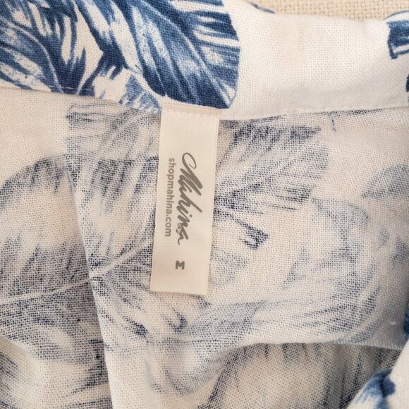 Mahina Blue Leaf Linen Blend Cutout Midi Dress Collar Button Size M - Picture 3 of 4